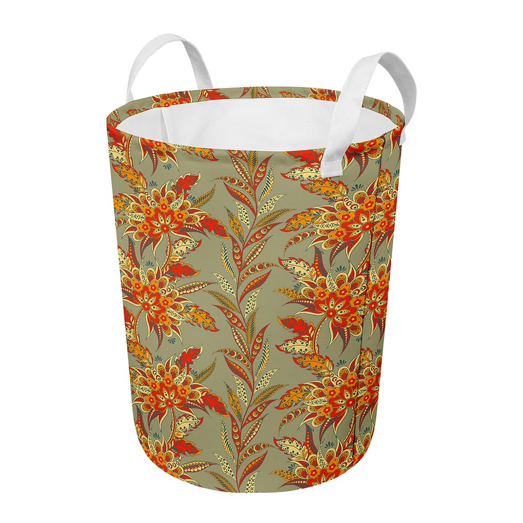 Vintage Orange Bohemian Floral Print Round Laundry Basket
