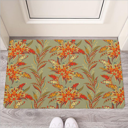 Vintage Orange Bohemian Floral Print Rubber Doormat