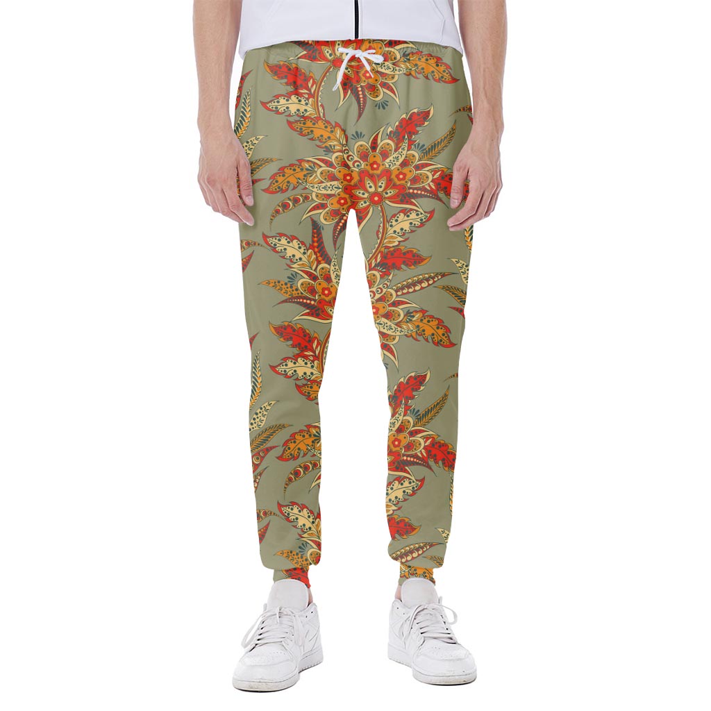 Vintage Orange Bohemian Floral Print Scuba Joggers
