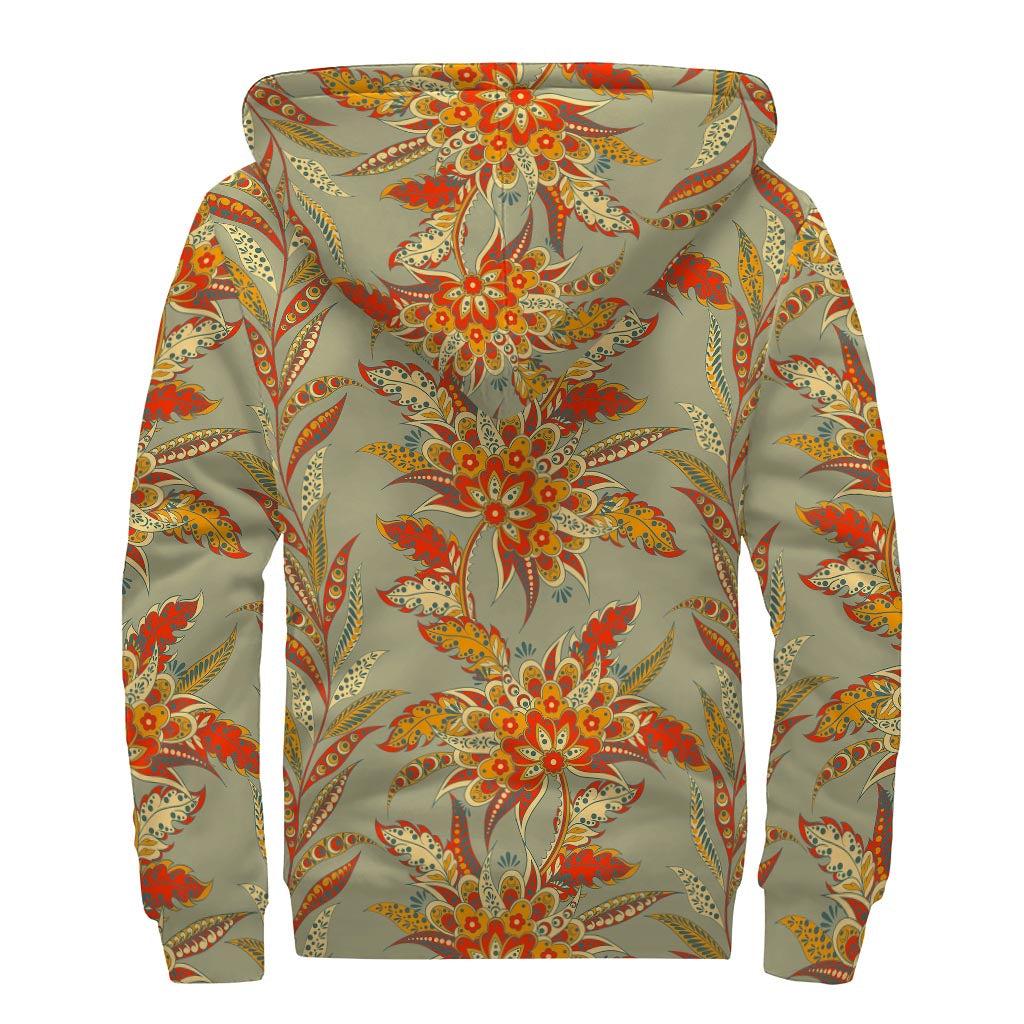 Vintage Orange Bohemian Floral Print Sherpa Lined Zip Up Hoodie