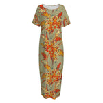 Vintage Orange Bohemian Floral Print Short Sleeve Long Nightdress
