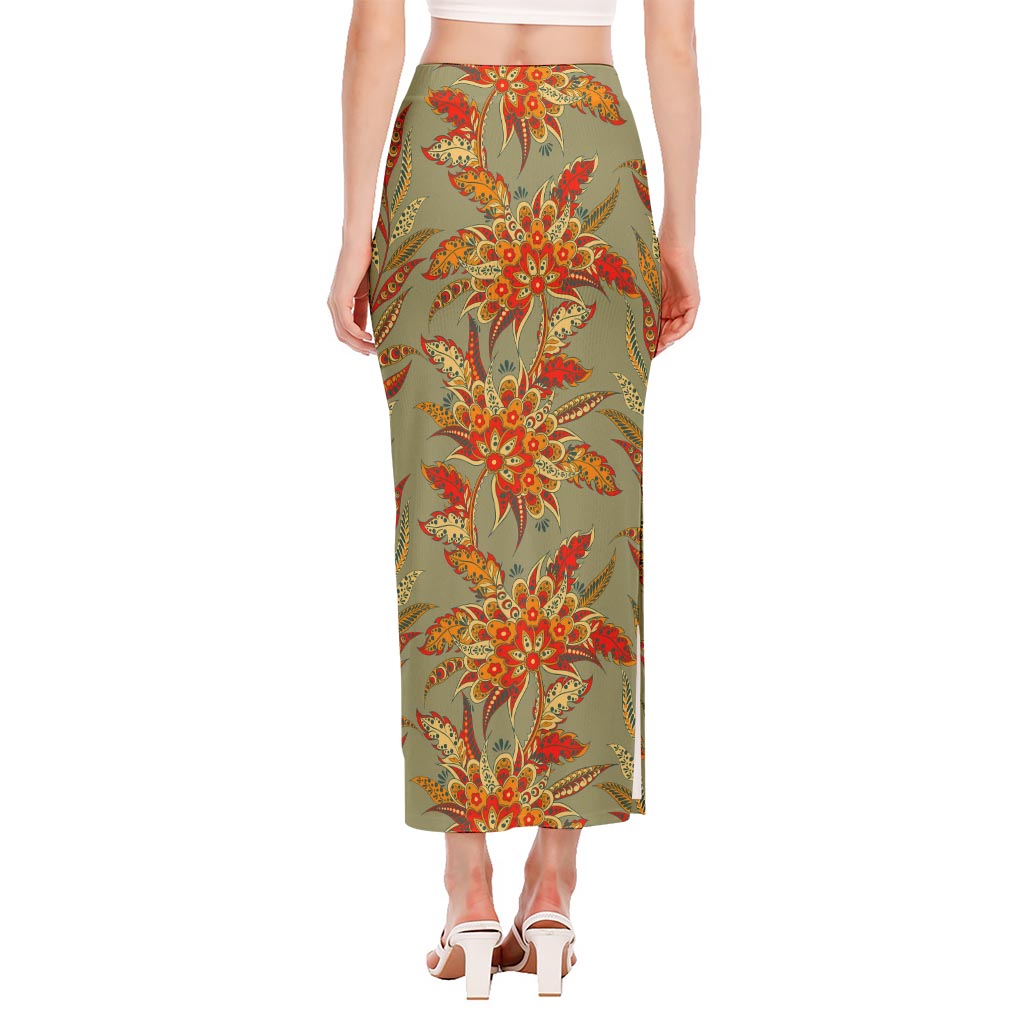 Vintage Orange Bohemian Floral Print Side Slit Maxi Skirt