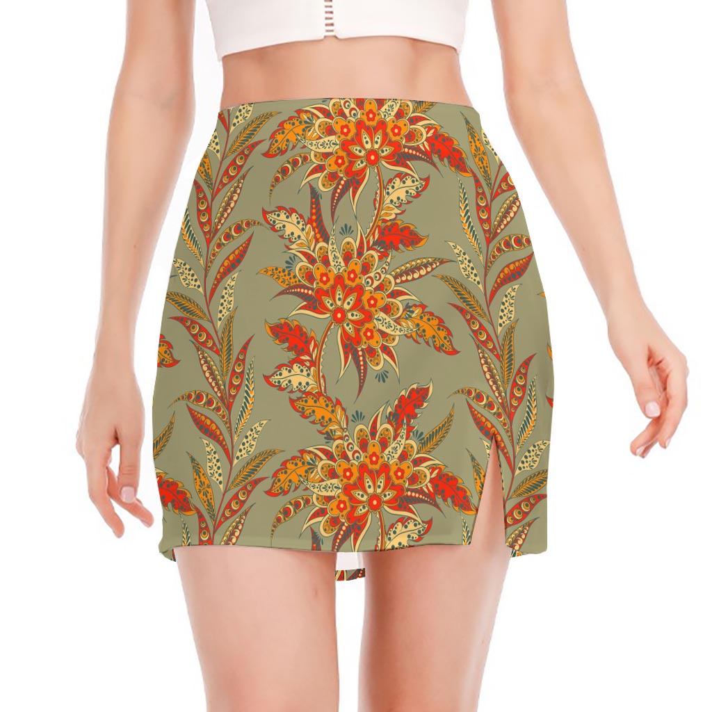 Vintage Orange Bohemian Floral Print Side Slit Mini Skirt