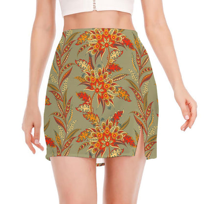 Vintage Orange Bohemian Floral Print Side Slit Mini Skirt