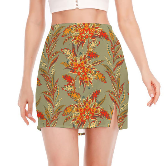 Vintage Orange Bohemian Floral Print Side Slit Mini Skirt