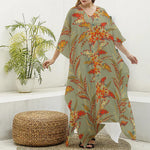 Vintage Orange Bohemian Floral Print Silk V-Neck Kaftan Dress
