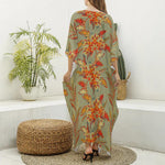 Vintage Orange Bohemian Floral Print Silk V-Neck Kaftan Dress