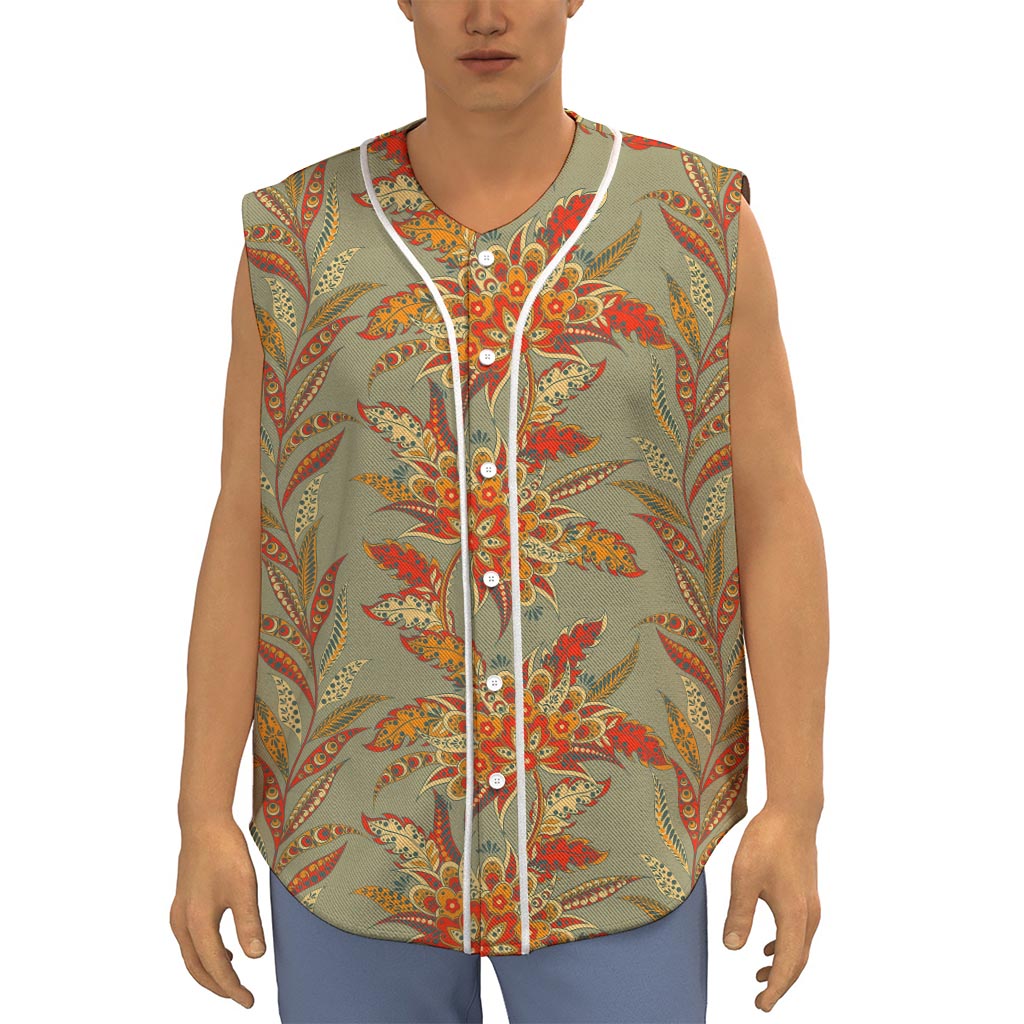 Vintage Orange Bohemian Floral Print Sleeveless Baseball Jersey