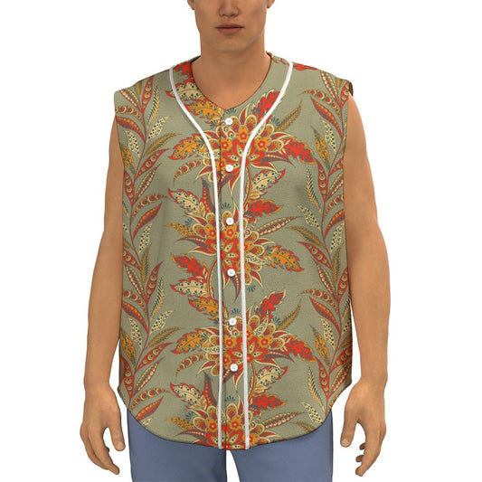 Vintage Orange Bohemian Floral Print Sleeveless Baseball Jersey