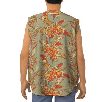 Vintage Orange Bohemian Floral Print Sleeveless Baseball Jersey