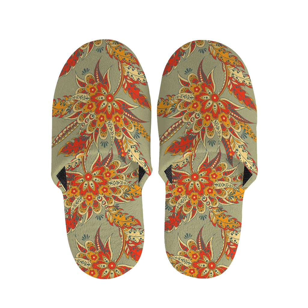 Vintage Orange Bohemian Floral Print Slippers