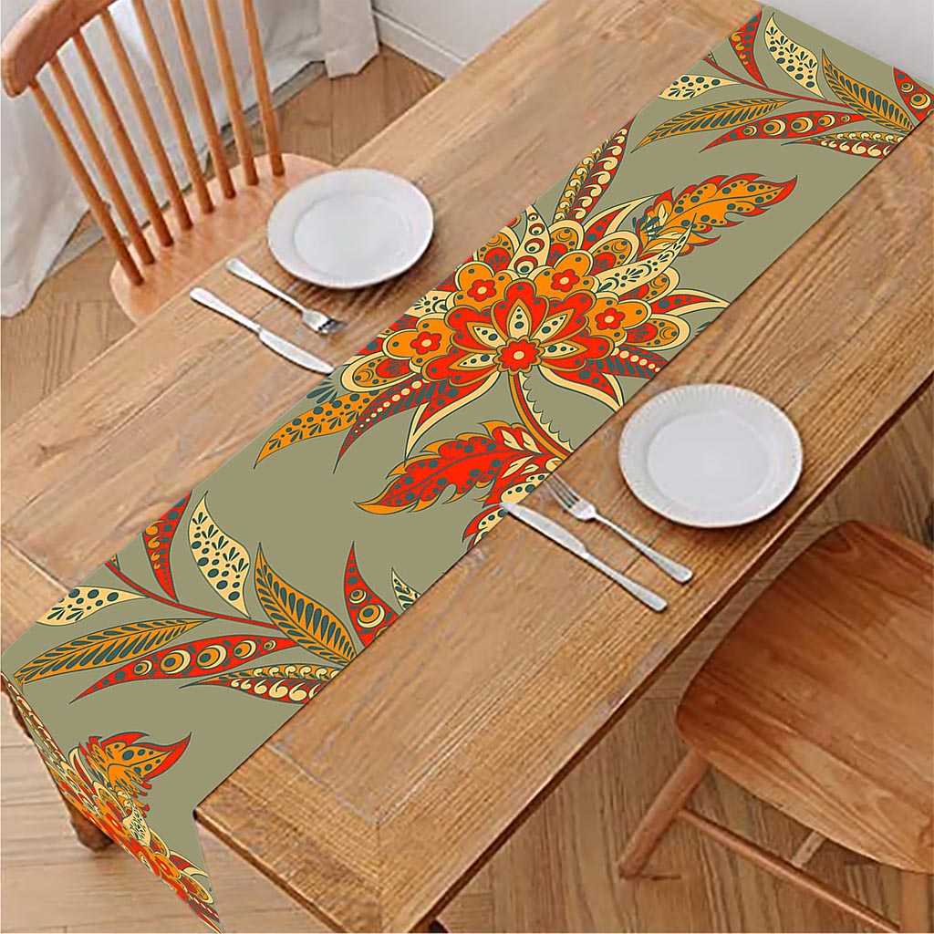 Vintage Orange Bohemian Floral Print Table Runner