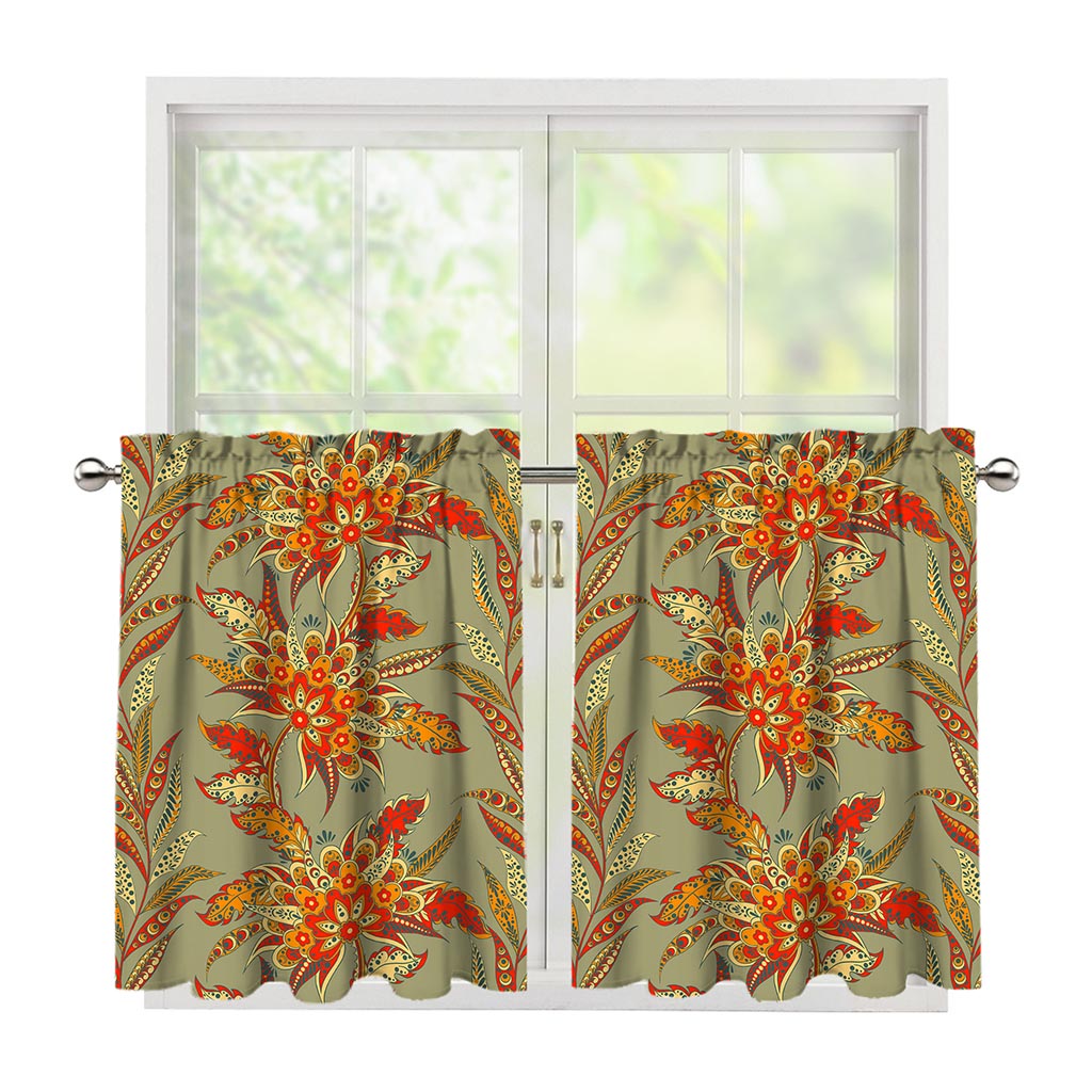Vintage Orange Bohemian Floral Print Tier Curtains