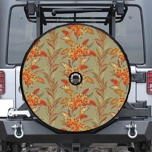 Vintage Orange Bohemian Floral Print Tire Cover With Camera Hole