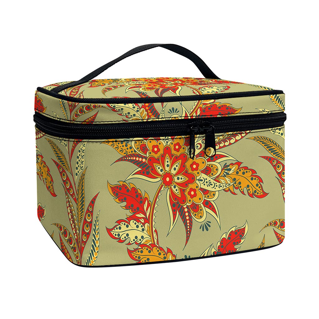 Vintage Orange Bohemian Floral Print Travel Makeup Bag