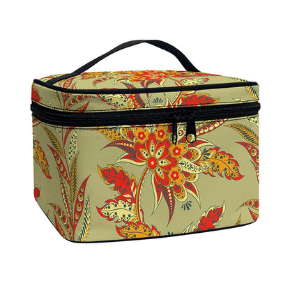 Vintage Orange Bohemian Floral Print Travel Makeup Bag