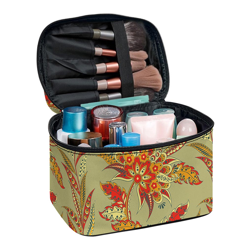 Vintage Orange Bohemian Floral Print Travel Makeup Bag