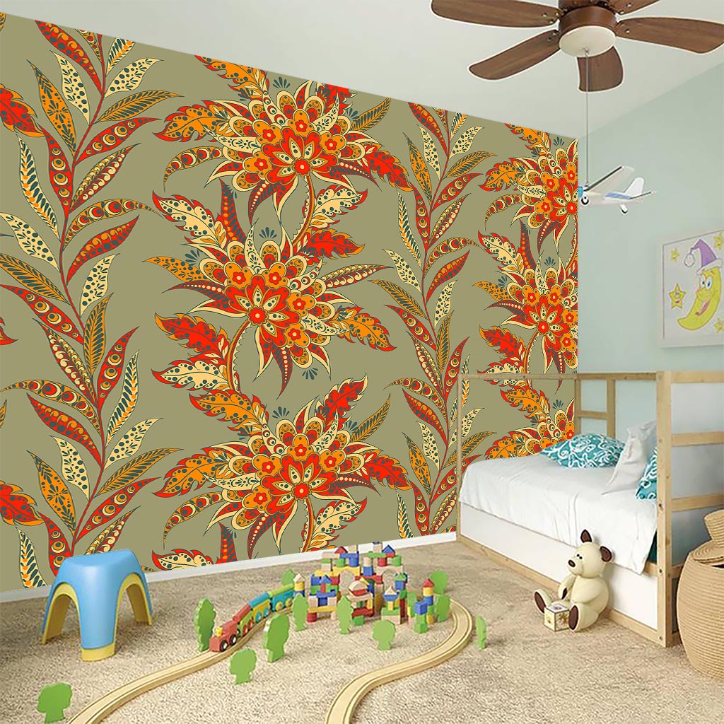 Vintage Orange Bohemian Floral Print Wall Sticker