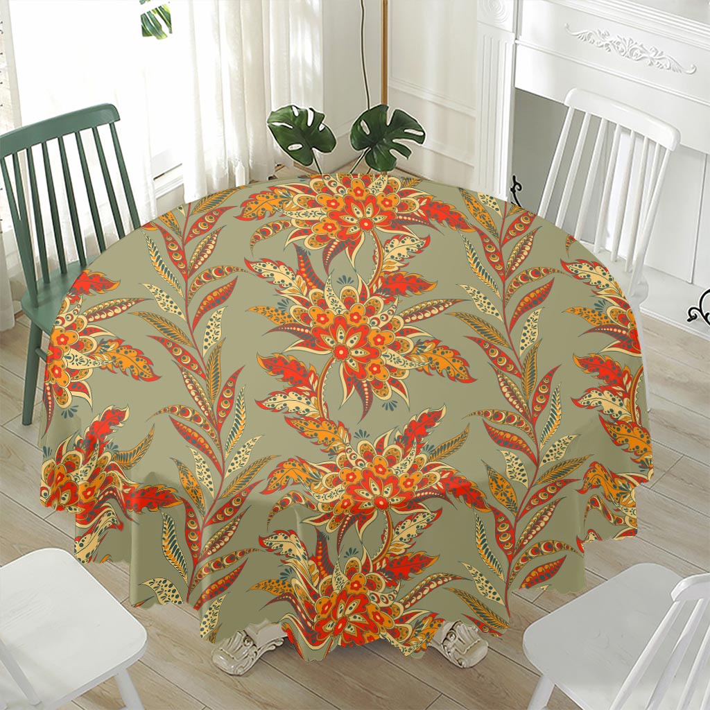 Vintage Orange Bohemian Floral Print Waterproof Round Tablecloth