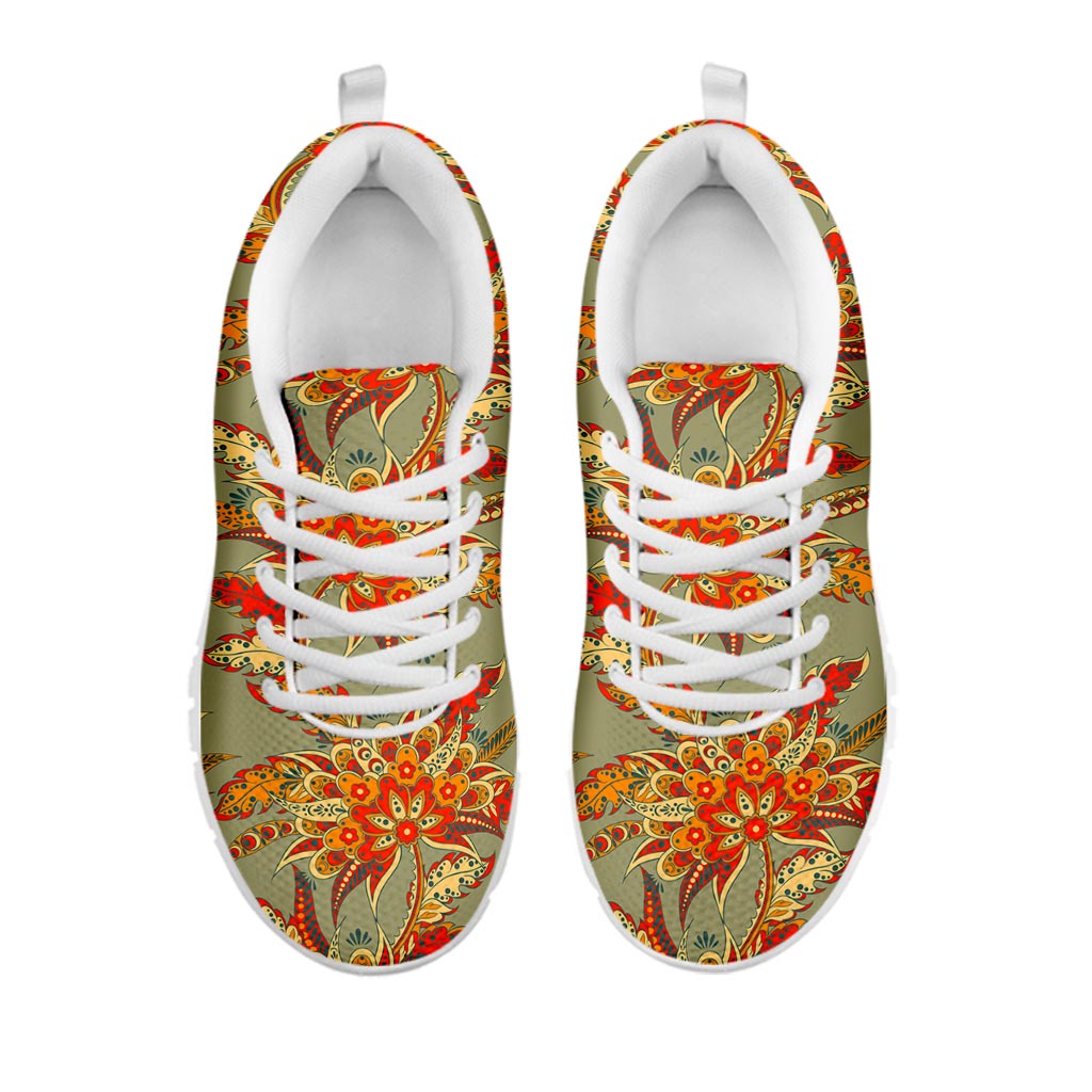 Vintage Orange Bohemian Floral Print White Running Shoes