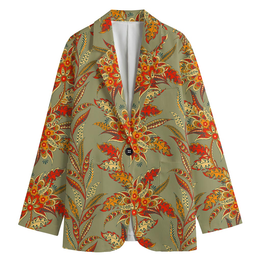 Vintage Orange Bohemian Floral Print Women's Blazer