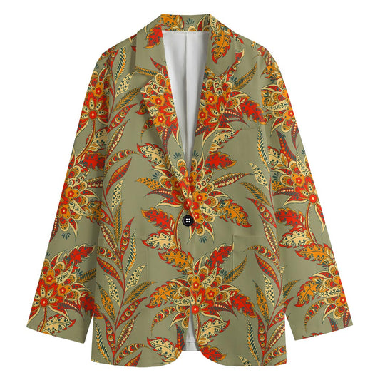 Vintage Orange Bohemian Floral Print Women's Blazer