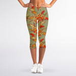 Vintage Orange Bohemian Floral Print Women's Capri Leggings