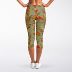Vintage Orange Bohemian Floral Print Women's Capri Leggings