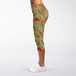 Vintage Orange Bohemian Floral Print Women's Capri Leggings