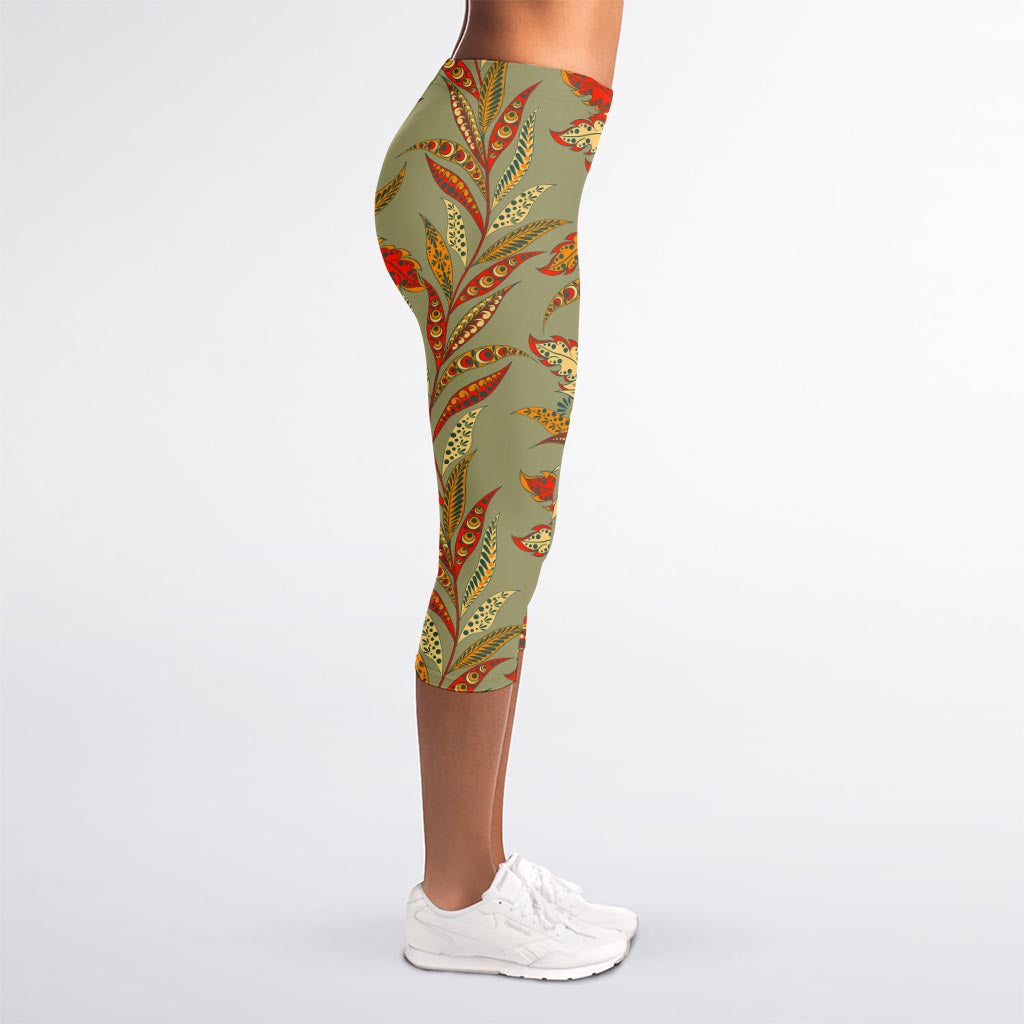 Vintage Orange Bohemian Floral Print Women's Capri Leggings