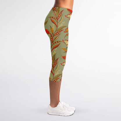 Vintage Orange Bohemian Floral Print Women's Capri Leggings