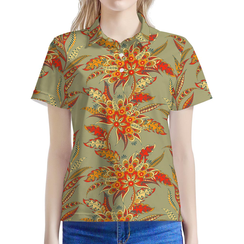 Vintage Orange Bohemian Floral Print Women's Polo Shirt
