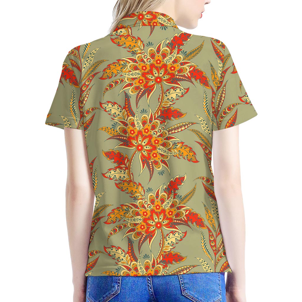 Vintage Orange Bohemian Floral Print Women's Polo Shirt