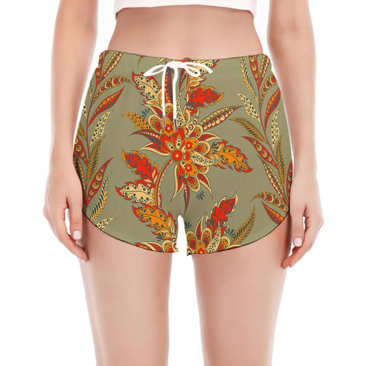 Vintage Orange Bohemian Floral Print Women's Split Running Shorts