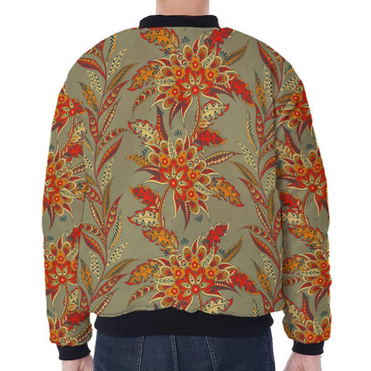 Vintage Orange Bohemian Floral Print Zip Sleeve Bomber Jacket