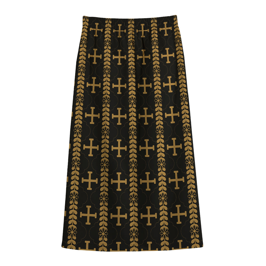 Vintage Orthodox Pattern Print Cotton Front Slit Maxi Skirt