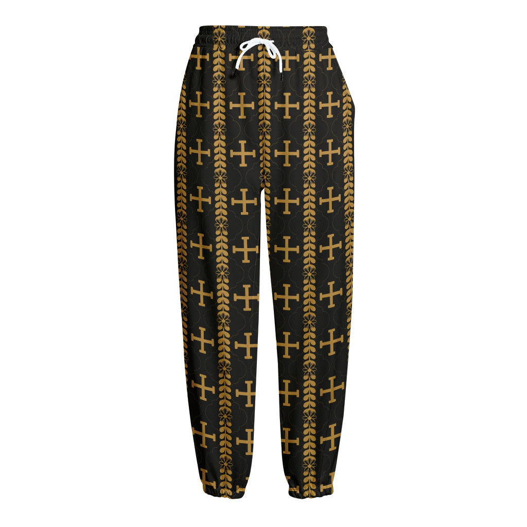 Vintage Orthodox Pattern Print Fleece Lined Knit Pants