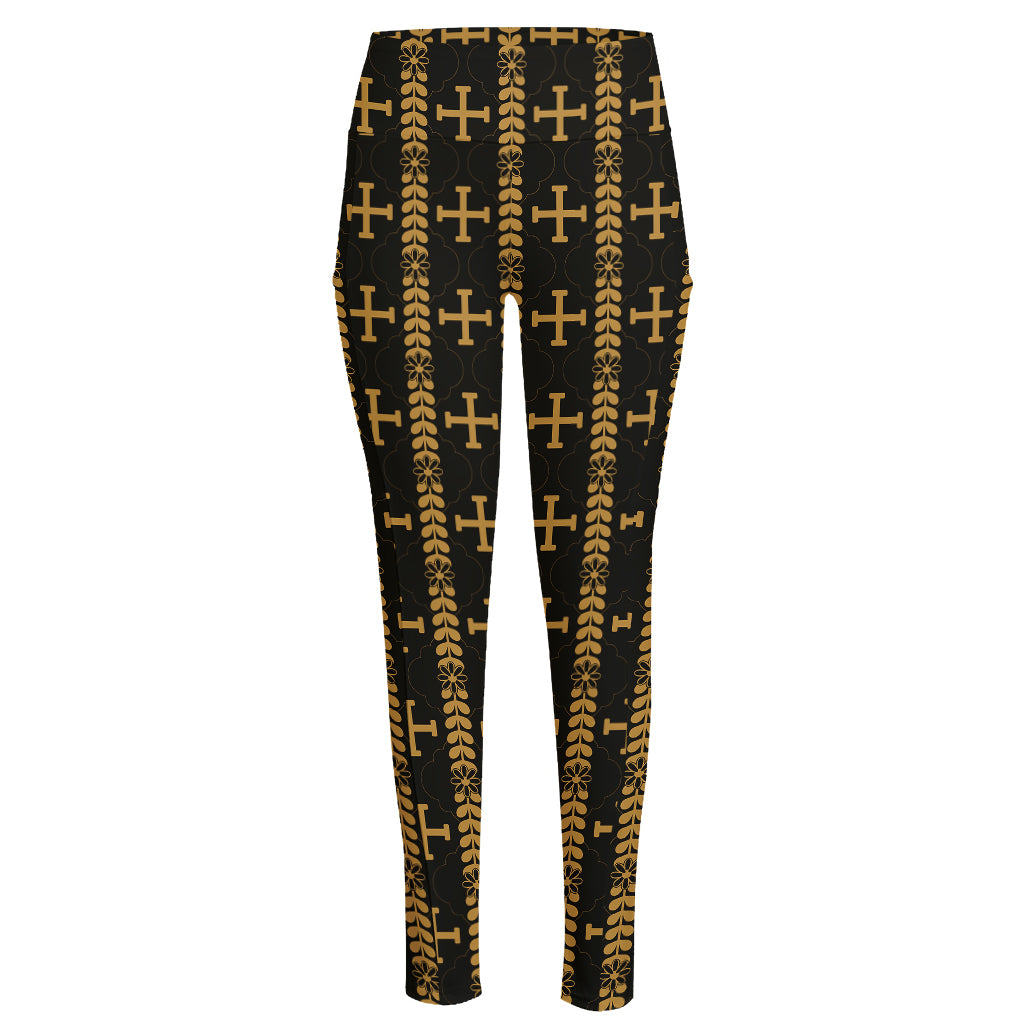 Vintage Orthodox Pattern Print High-Waisted Pocket Leggings