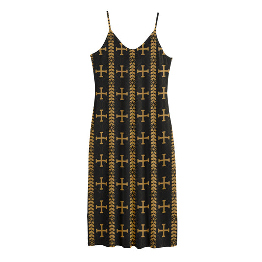 Vintage Orthodox Pattern Print Jersey Midi Cami Dress