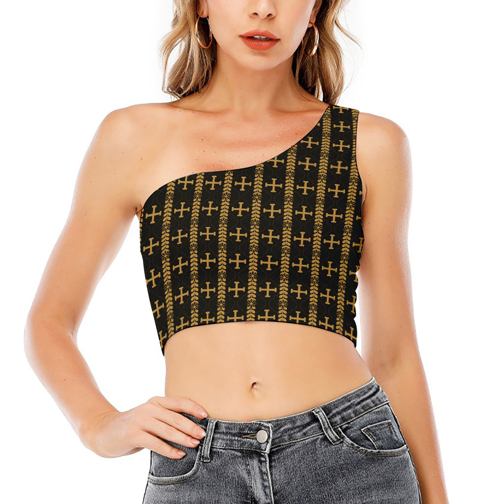 Vintage Orthodox Pattern Print One Shoulder Crop Top