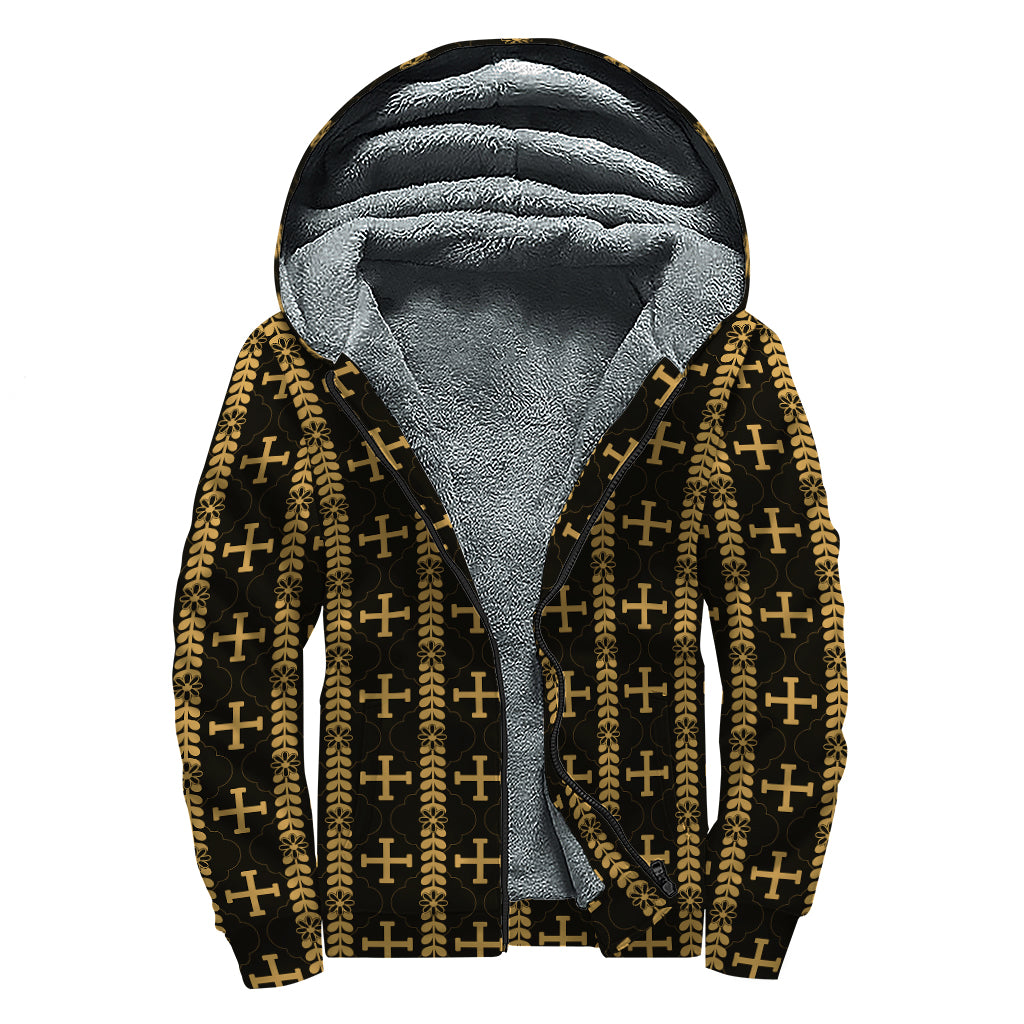 Vintage Orthodox Pattern Print Sherpa Lined Zip Up Hoodie