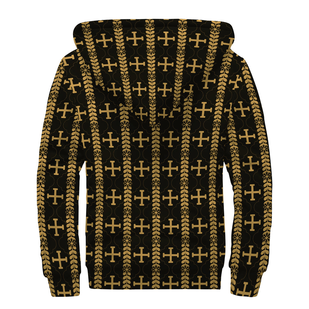 Vintage Orthodox Pattern Print Sherpa Lined Zip Up Hoodie