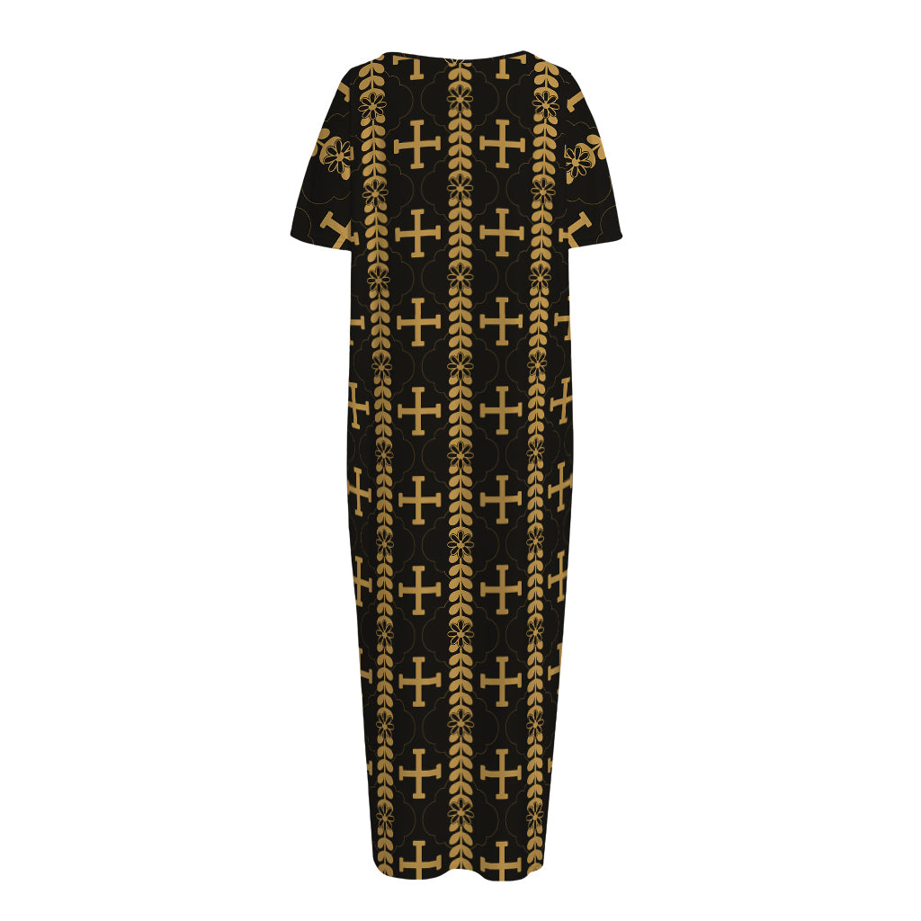 Vintage Orthodox Pattern Print Short Sleeve Long Nightdress