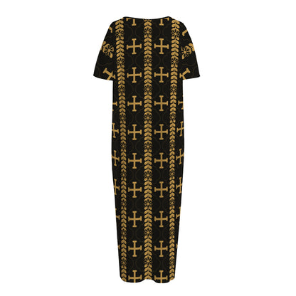 Vintage Orthodox Pattern Print Short Sleeve Long Nightdress