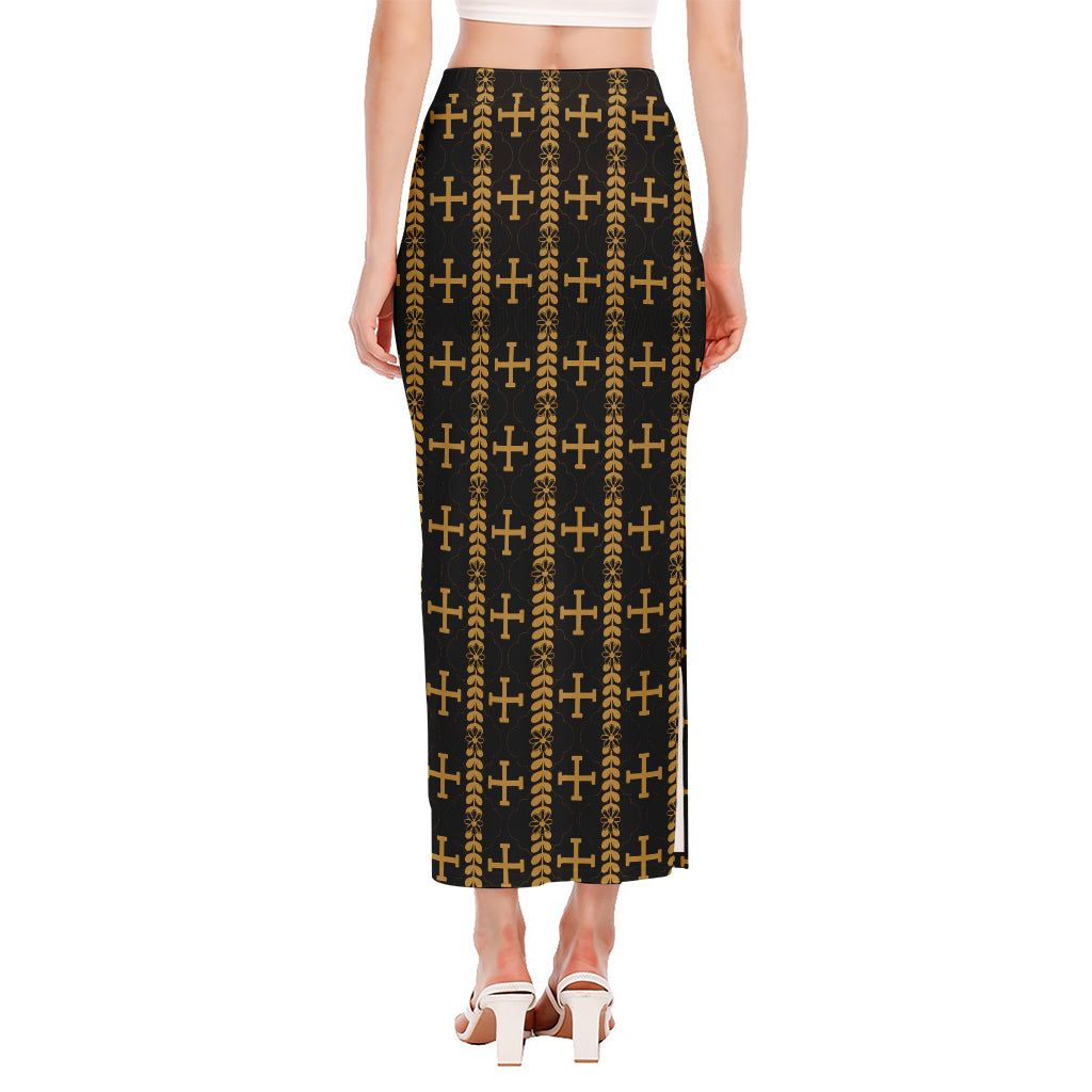Vintage Orthodox Pattern Print Side Slit Maxi Skirt