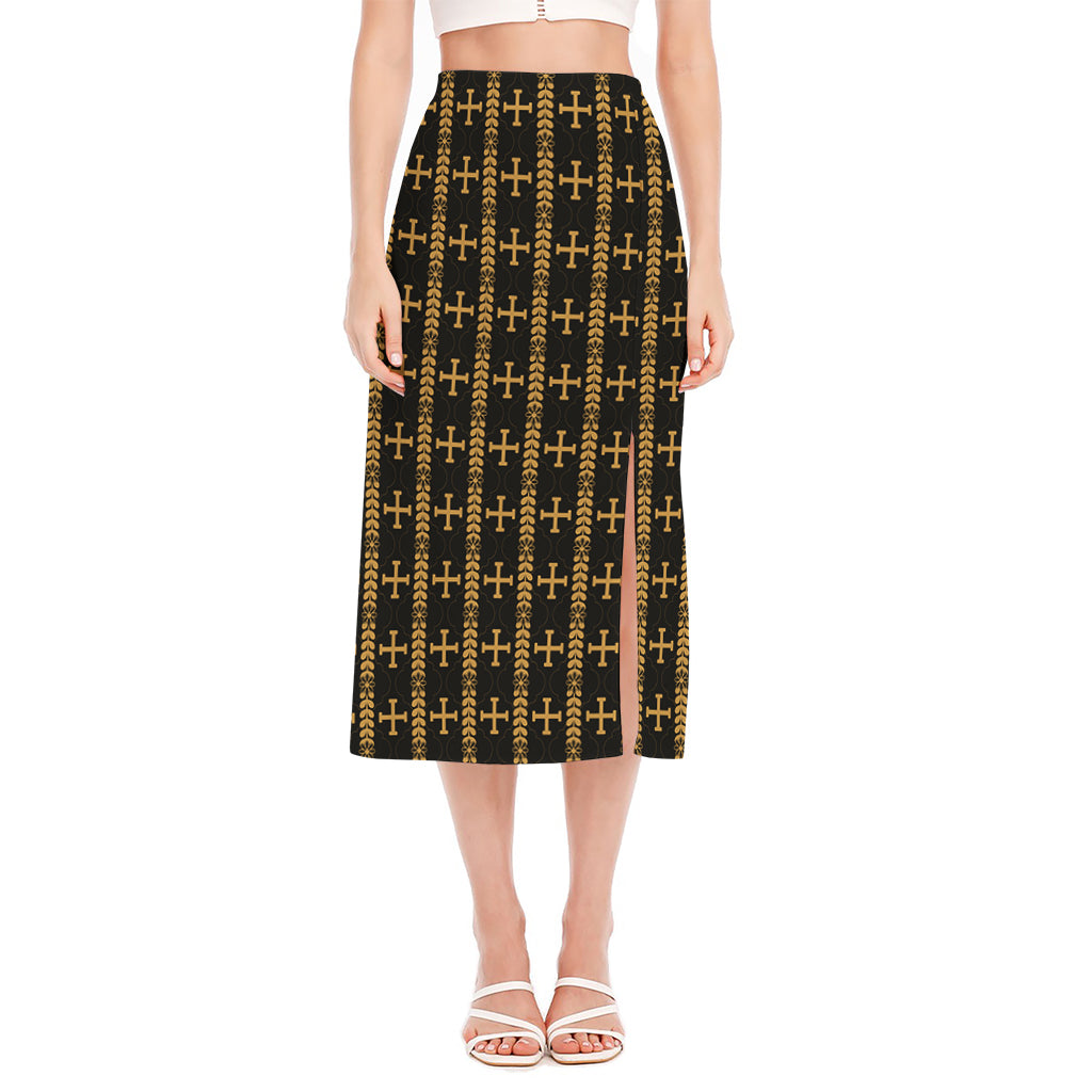 Vintage Orthodox Pattern Print Side Slit Midi Skirt