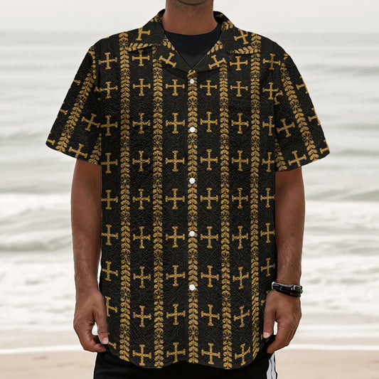 Vintage Orthodox Pattern Print Textured Short Sleeve Shirt