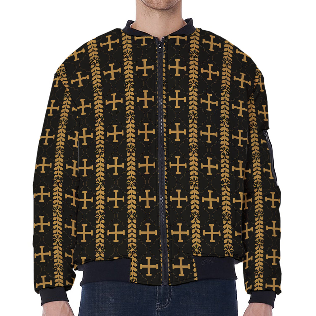Vintage Orthodox Pattern Print Zip Sleeve Bomber Jacket