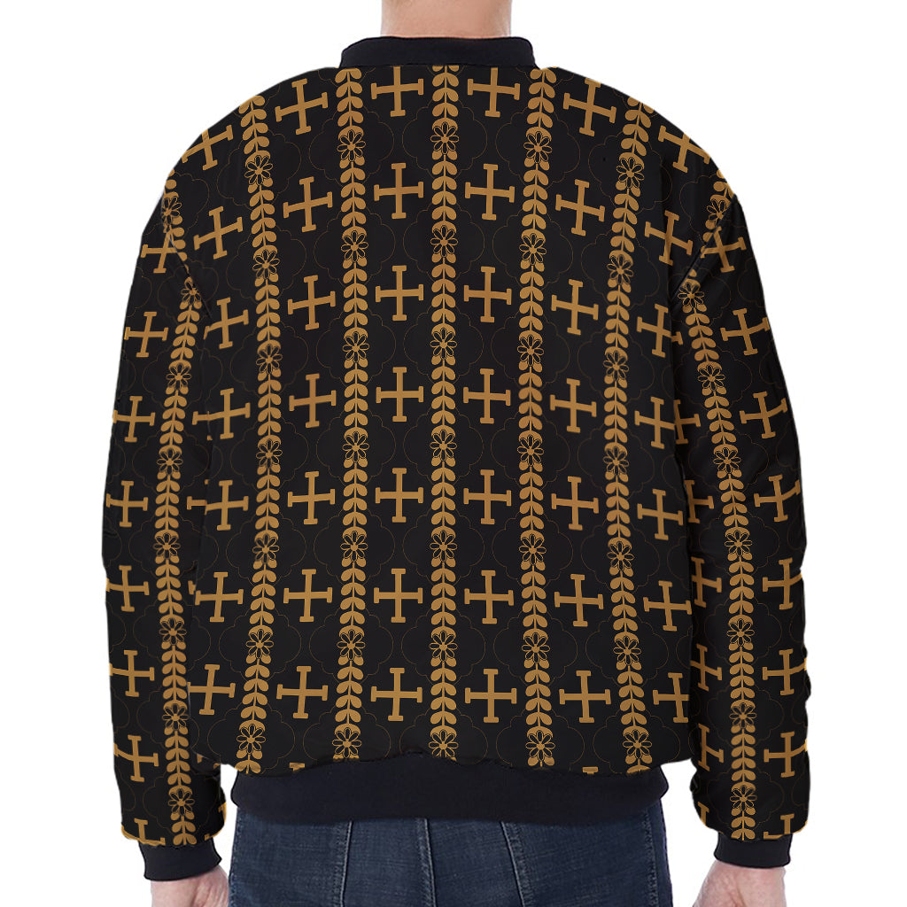 Vintage Orthodox Pattern Print Zip Sleeve Bomber Jacket