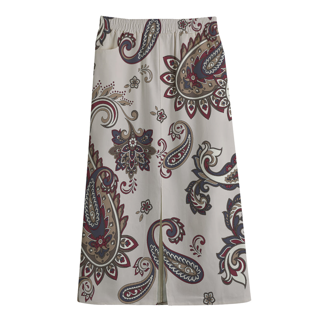 Vintage Paisley Pattern Print Cotton Front Slit Maxi Skirt